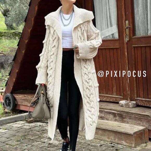 ZARA KNIT COAT / COATIGAN KNIT LONGLINE SWEATER COAT ECRU - Picture 4 of 13